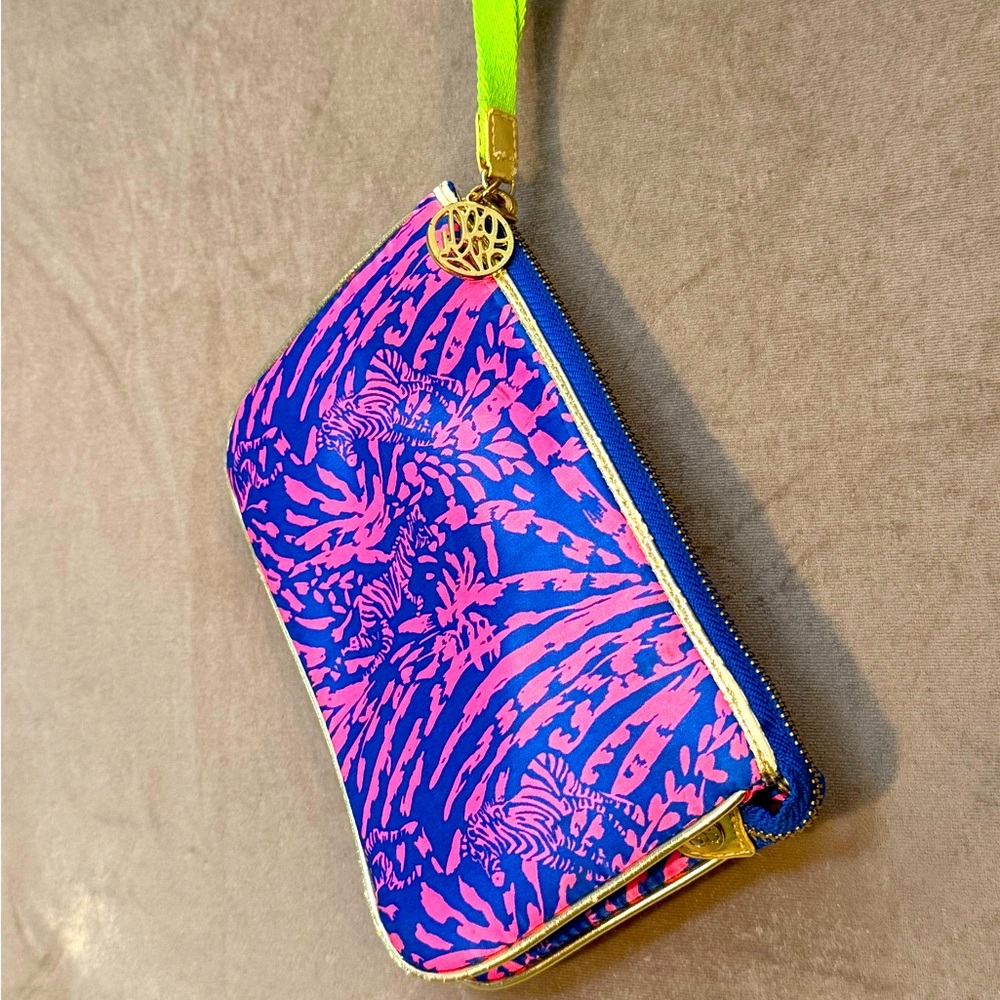 Lilly Pulitzer Wristlet Neon Pink/Blue/green with zebra print & palms